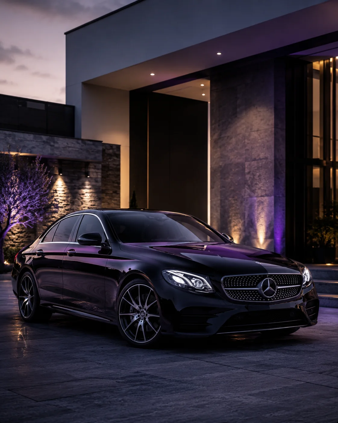 A black Blackties Mercedes E-Class outside a modern house at dusk, lit in purple